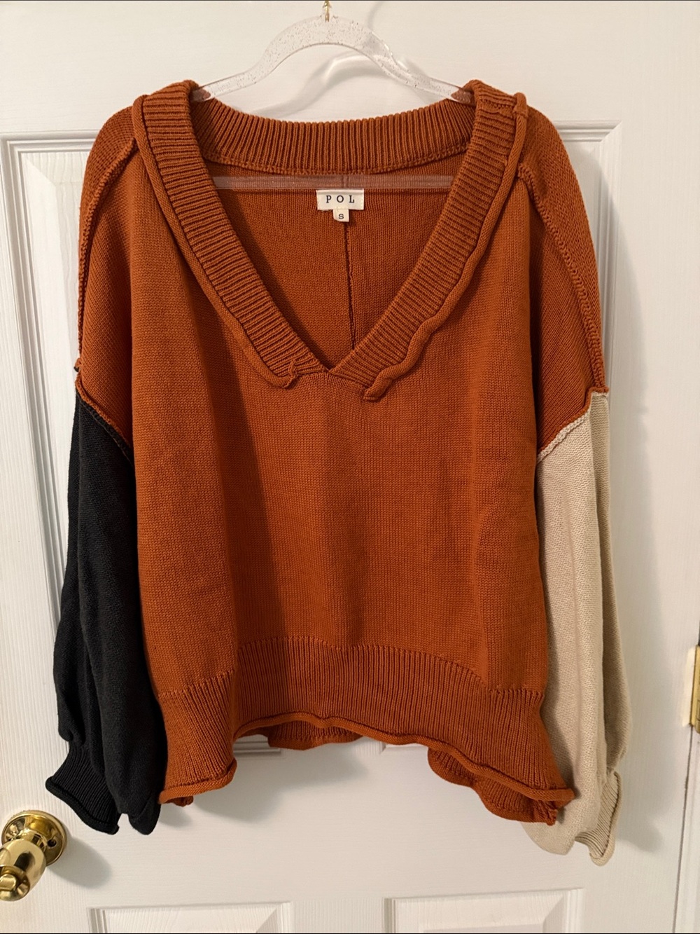 POL Rust Colorblock V-Neck Sweater with Black and Cream Sleeves